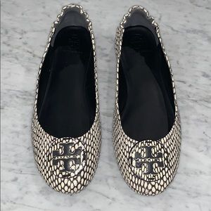 Blk/White Snake Tory Burch Minnie Ballet Flat-Sz 8